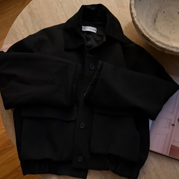 Black suede trim wool Button-Up Jacket - Picture 1 of 5